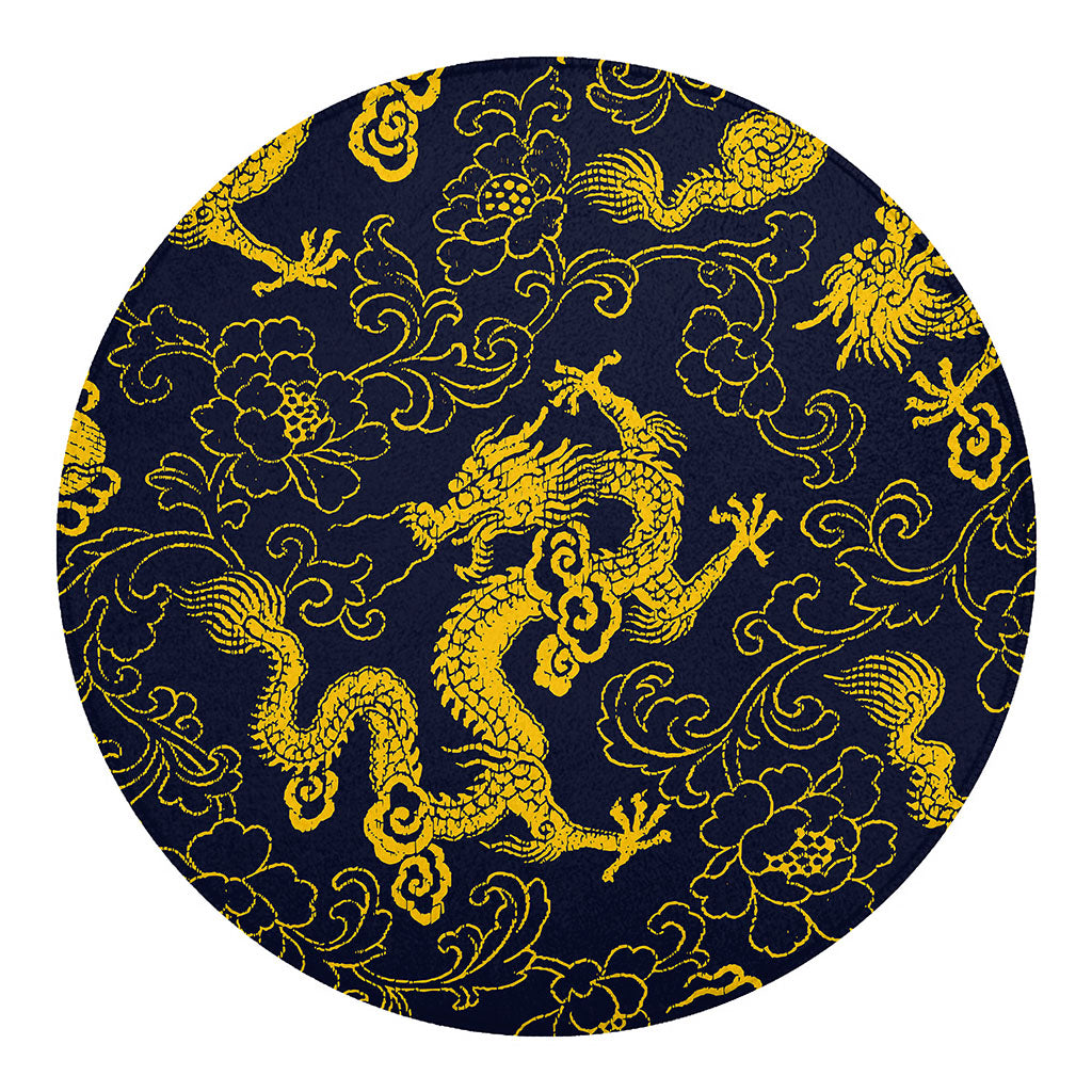 Gold Japanese Dragon Pattern Print Round Blanket