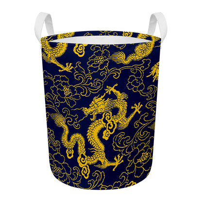 Gold Japanese Dragon Pattern Print Round Laundry Basket