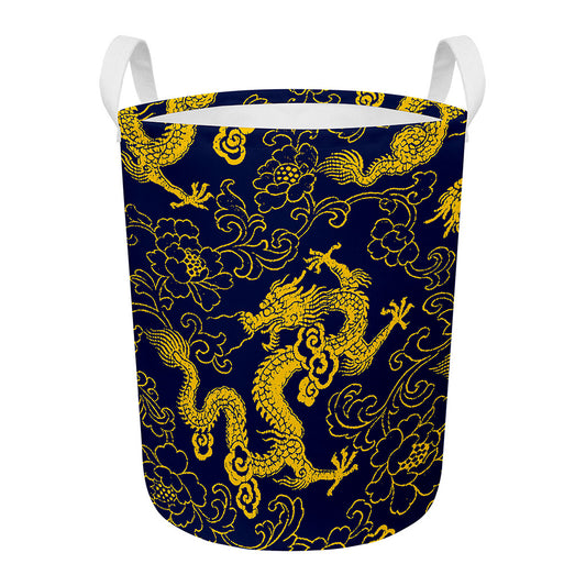 Gold Japanese Dragon Pattern Print Round Laundry Basket