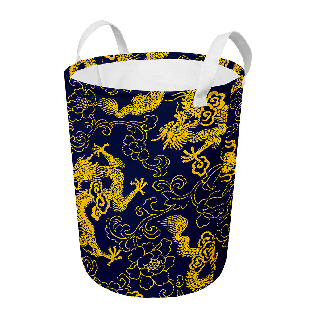 Gold Japanese Dragon Pattern Print Round Laundry Basket