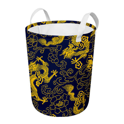 Gold Japanese Dragon Pattern Print Round Laundry Basket