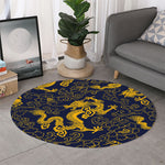 Gold Japanese Dragon Pattern Print Round Rug