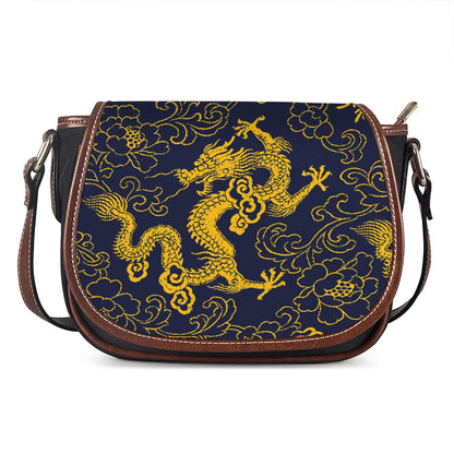 Gold Japanese Dragon Pattern Print Saddle Bag