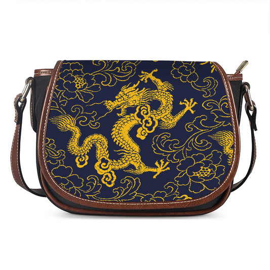 Gold Japanese Dragon Pattern Print Saddle Bag