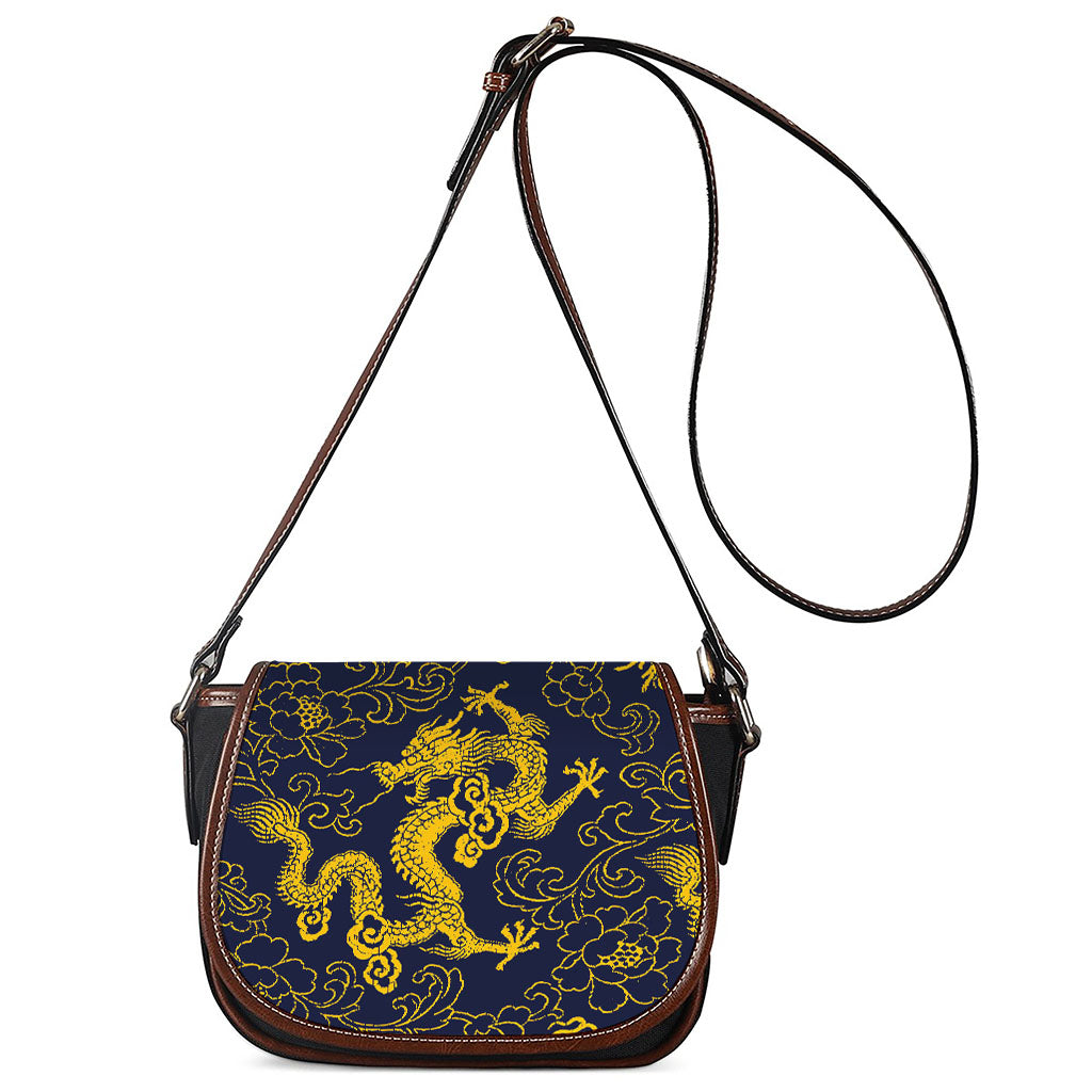 Gold Japanese Dragon Pattern Print Saddle Bag