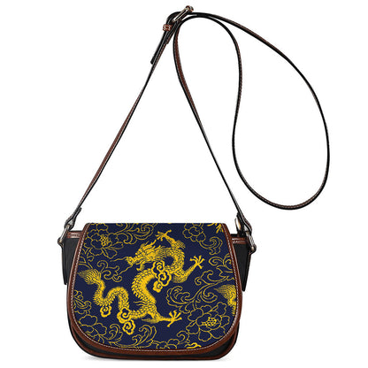 Gold Japanese Dragon Pattern Print Saddle Bag