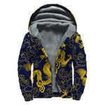 Gold Japanese Dragon Pattern Print Sherpa Lined Zip Up Hoodie