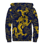 Gold Japanese Dragon Pattern Print Sherpa Lined Zip Up Hoodie