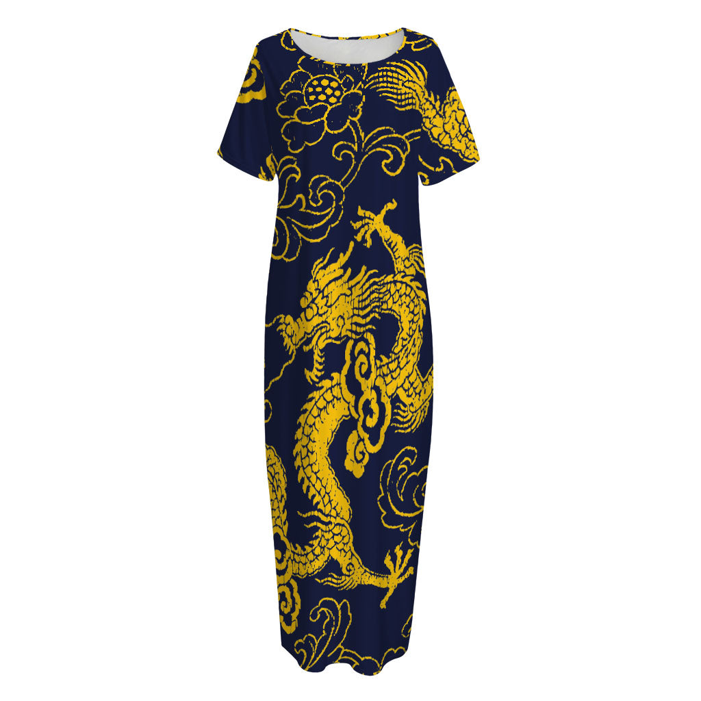 Gold Japanese Dragon Pattern Print Short Sleeve Long Nightdress