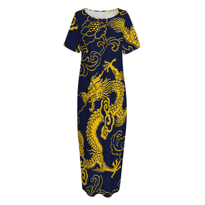 Gold Japanese Dragon Pattern Print Short Sleeve Long Nightdress
