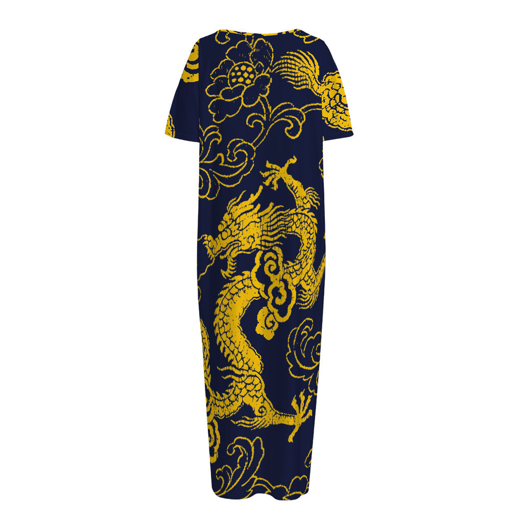 Gold Japanese Dragon Pattern Print Short Sleeve Long Nightdress