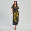 Gold Japanese Dragon Pattern Print Short Sleeve Maxi Dress