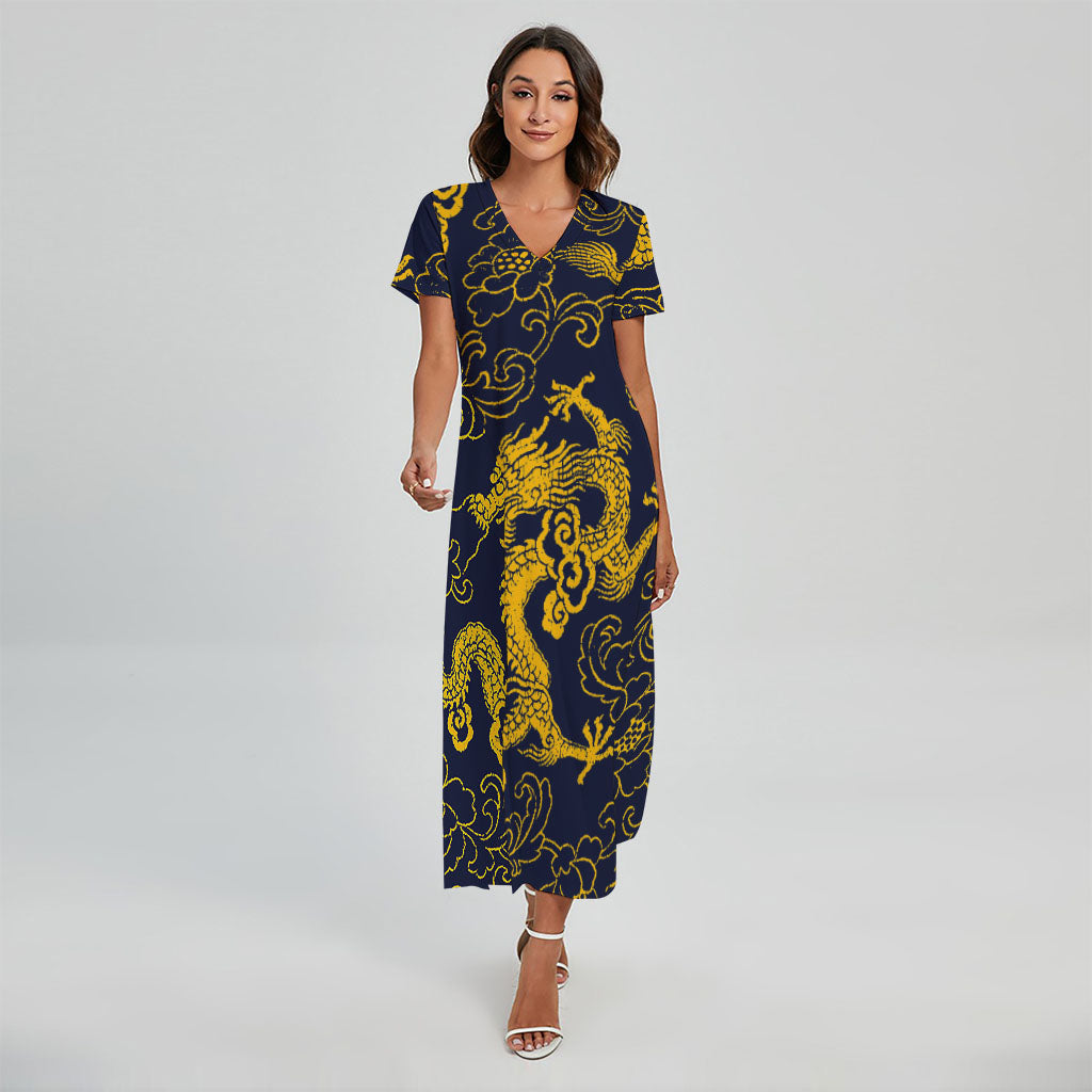 Gold Japanese Dragon Pattern Print Short Sleeve Maxi Dress