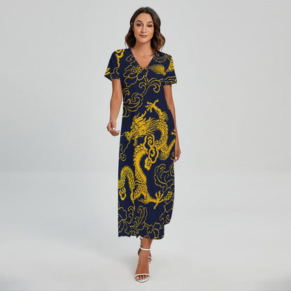 Gold Japanese Dragon Pattern Print Short Sleeve Maxi Dress