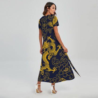Gold Japanese Dragon Pattern Print Short Sleeve Maxi Dress