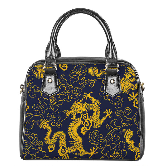 Gold Japanese Dragon Pattern Print Shoulder Handbag