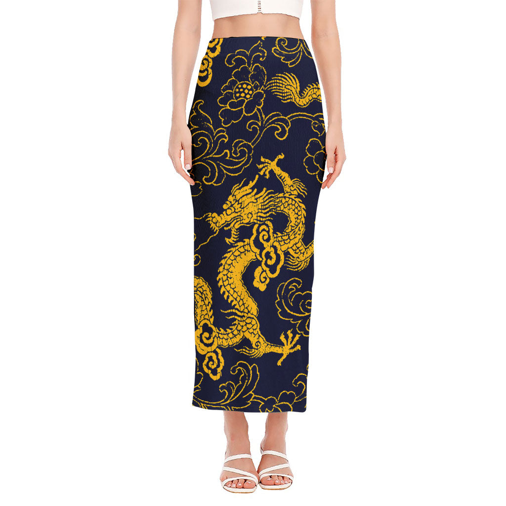 Gold Japanese Dragon Pattern Print Side Slit Maxi Skirt