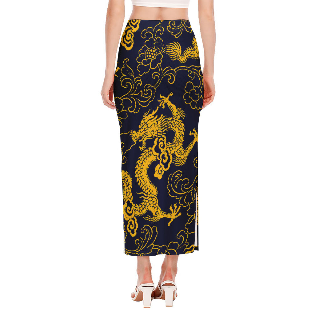 Gold Japanese Dragon Pattern Print Side Slit Maxi Skirt