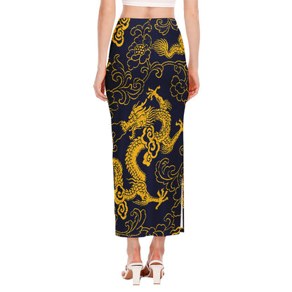 Gold Japanese Dragon Pattern Print Side Slit Maxi Skirt