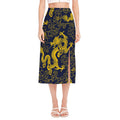 Gold Japanese Dragon Pattern Print Side Slit Midi Skirt