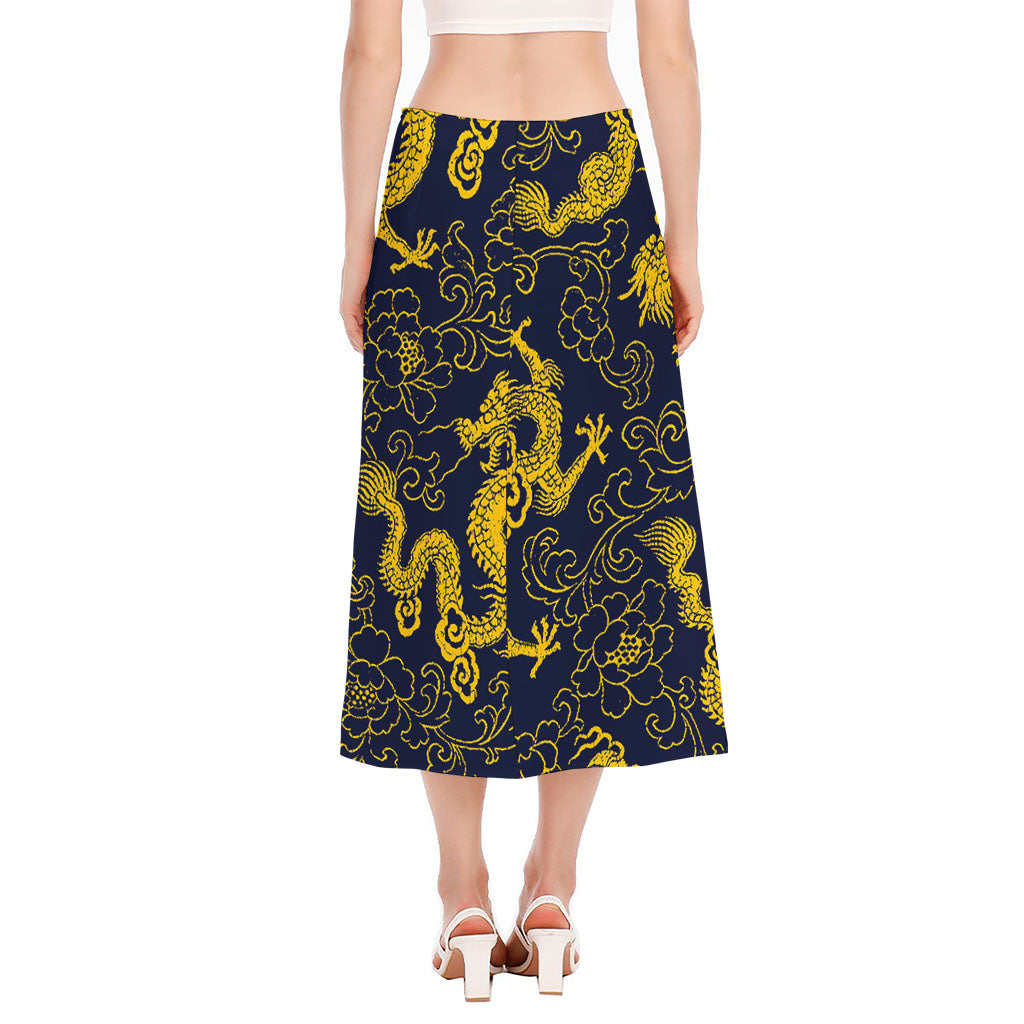 Gold Japanese Dragon Pattern Print Side Slit Midi Skirt