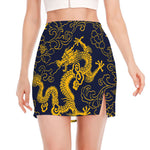 Gold Japanese Dragon Pattern Print Side Slit Mini Skirt