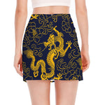 Gold Japanese Dragon Pattern Print Side Slit Mini Skirt