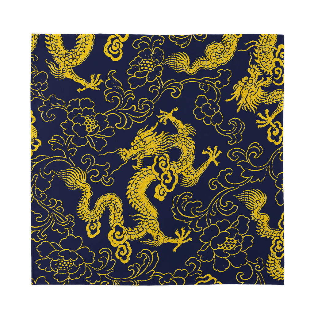 Gold Japanese Dragon Pattern Print Silk Bandana