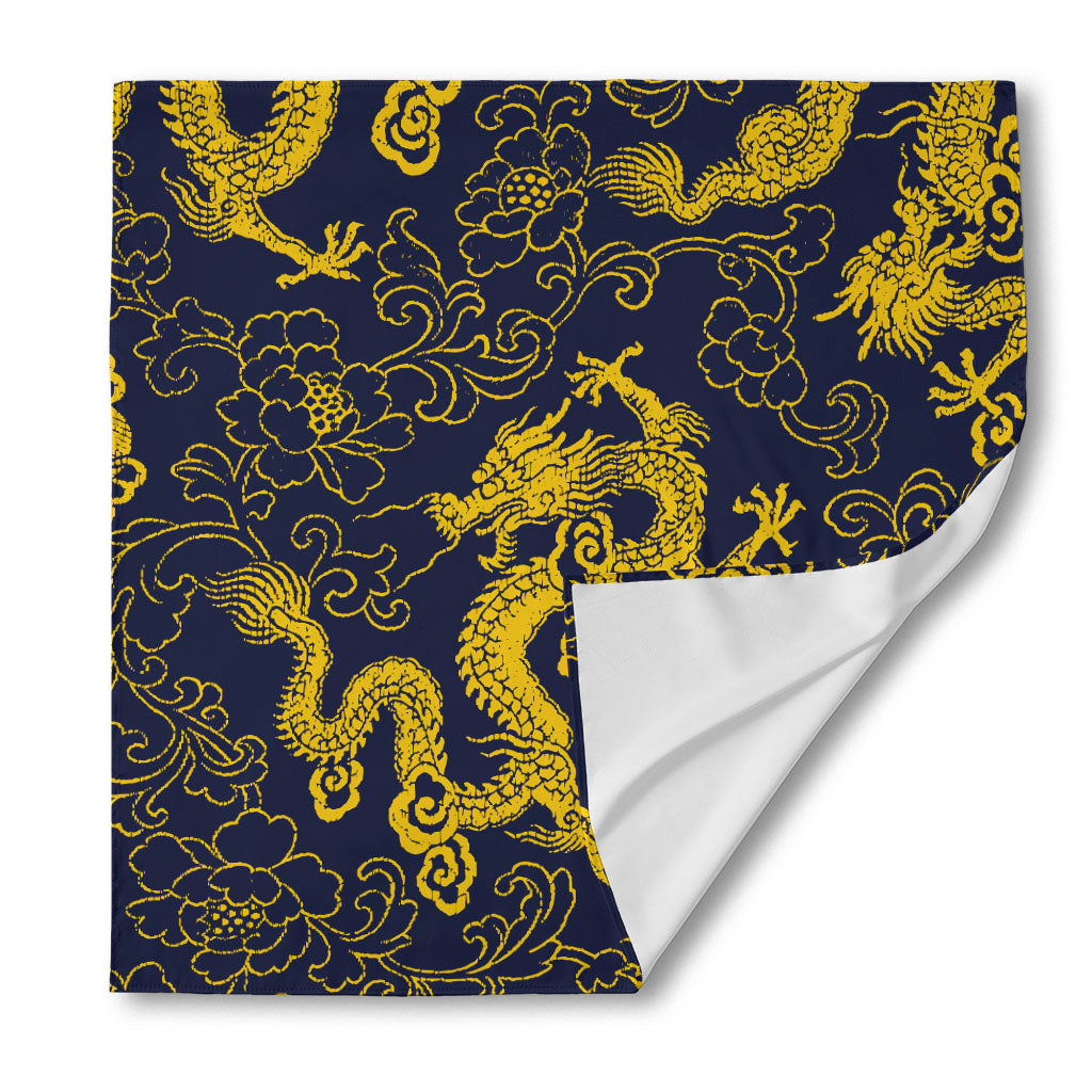 Gold Japanese Dragon Pattern Print Silk Bandana