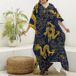 Gold Japanese Dragon Pattern Print Silk V-Neck Kaftan Dress