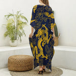 Gold Japanese Dragon Pattern Print Silk V-Neck Kaftan Dress