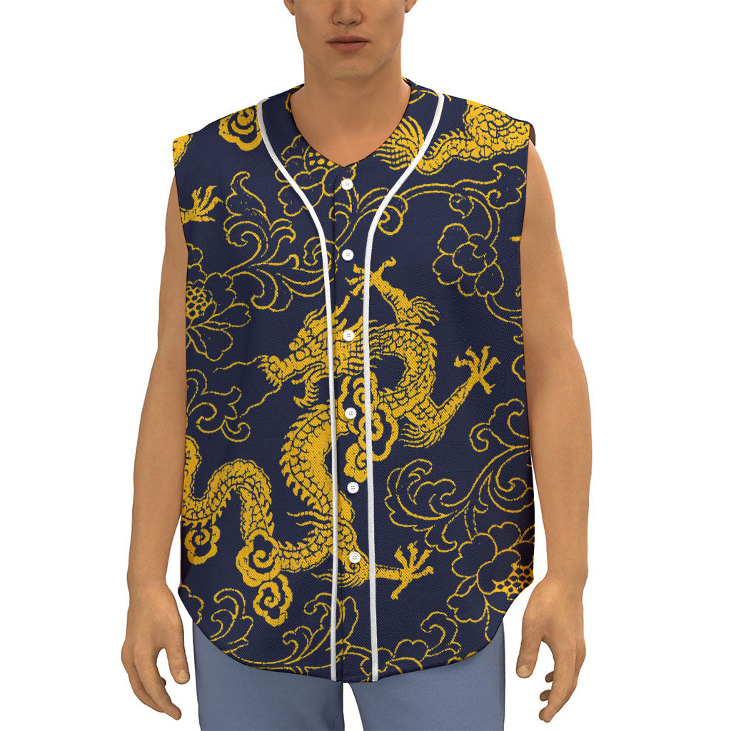 Gold Japanese Dragon Pattern Print Sleeveless Baseball Jersey