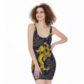 Gold Japanese Dragon Pattern Print Sleeveless Bodycon Dress