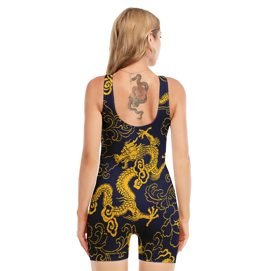 Gold Japanese Dragon Pattern Print Sleeveless One Piece Swimsuit