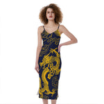 Gold Japanese Dragon Pattern Print Slim Fit Midi Cami Dress