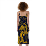 Gold Japanese Dragon Pattern Print Slim Fit Midi Cami Dress