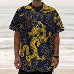 Gold Japanese Dragon Pattern Print Textured Short Sleeve Shirt