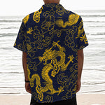 Gold Japanese Dragon Pattern Print Textured Short Sleeve Shirt
