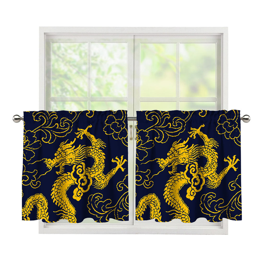 Gold Japanese Dragon Pattern Print Tier Curtains