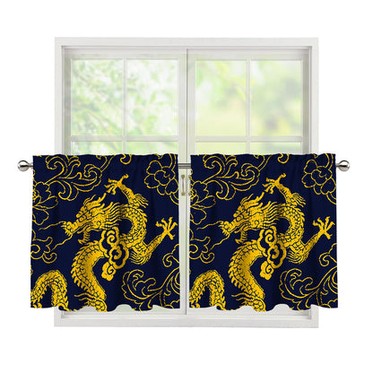 Gold Japanese Dragon Pattern Print Tier Curtains