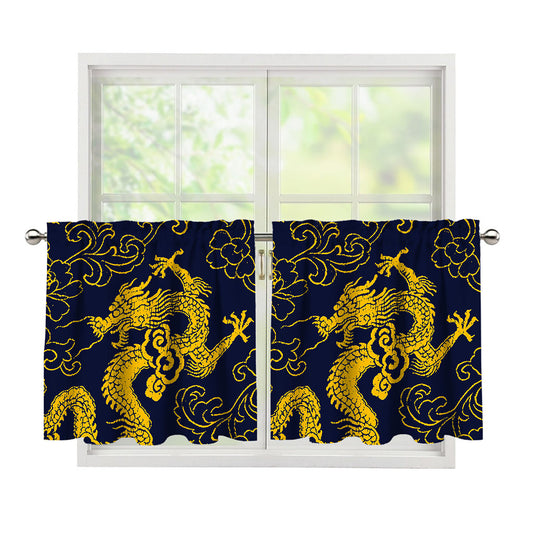 Gold Japanese Dragon Pattern Print Tier Curtains