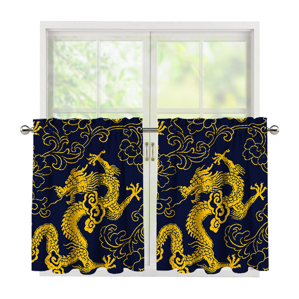 Gold Japanese Dragon Pattern Print Tier Curtains