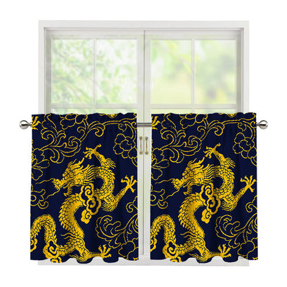 Gold Japanese Dragon Pattern Print Tier Curtains