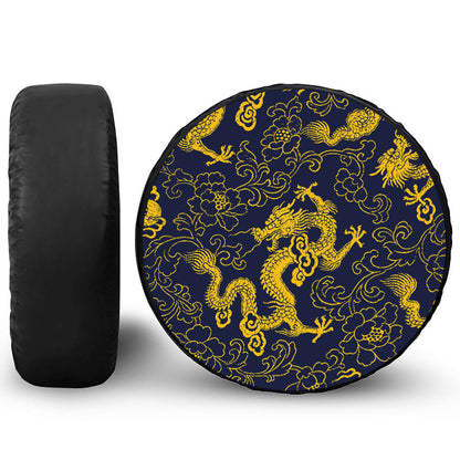 Gold Japanese Dragon Pattern Print Tire Cover