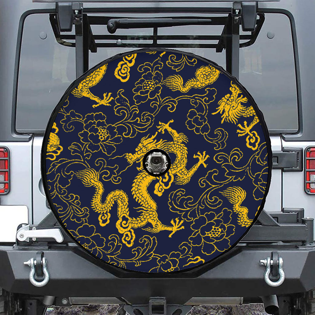 Gold Japanese Dragon Pattern Print Tire Cover With Camera Hole
