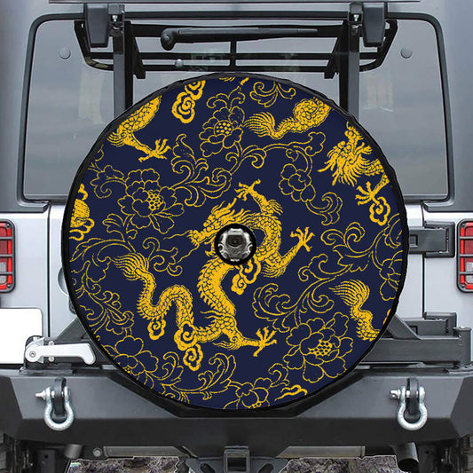 Gold Japanese Dragon Pattern Print Tire Cover With Camera Hole