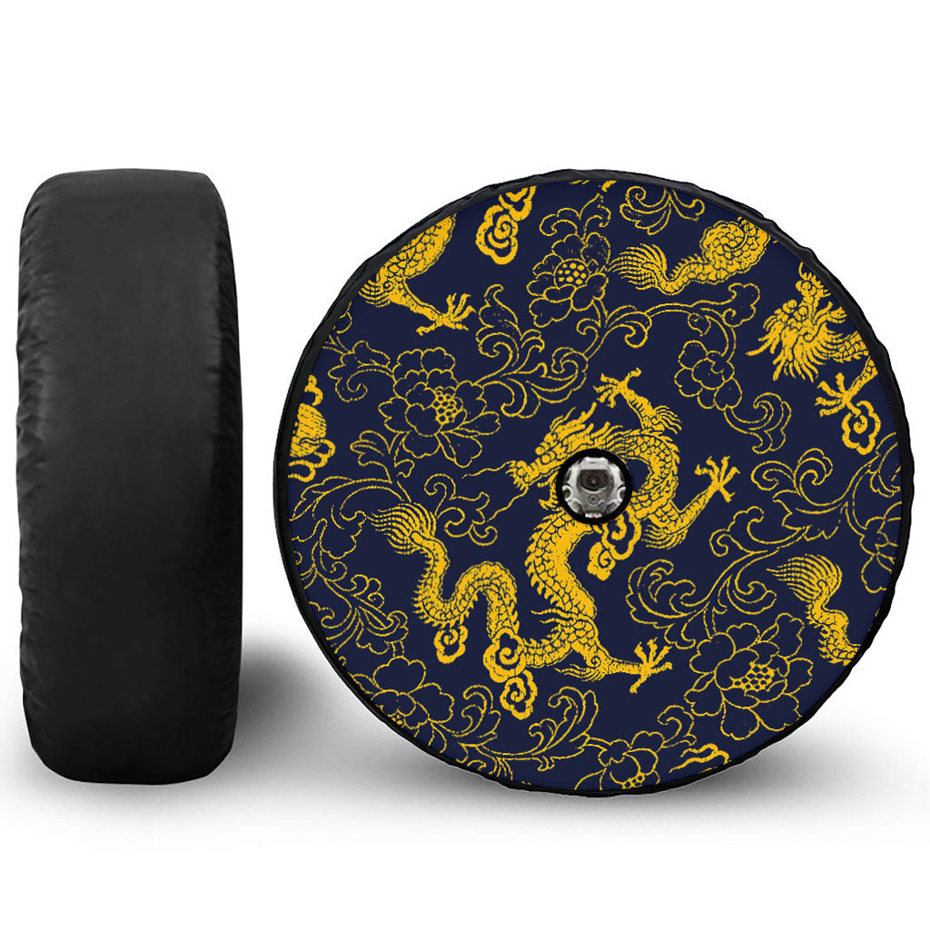 Gold Japanese Dragon Pattern Print Tire Cover With Camera Hole