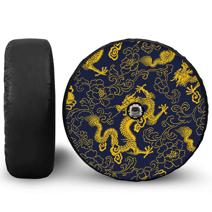 Gold Japanese Dragon Pattern Print Tire Cover With Camera Hole
