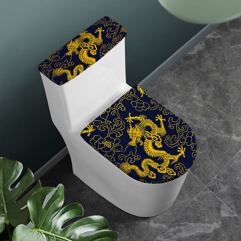 Gold Japanese Dragon Pattern Print Toilet Lid And Tank Cover Set