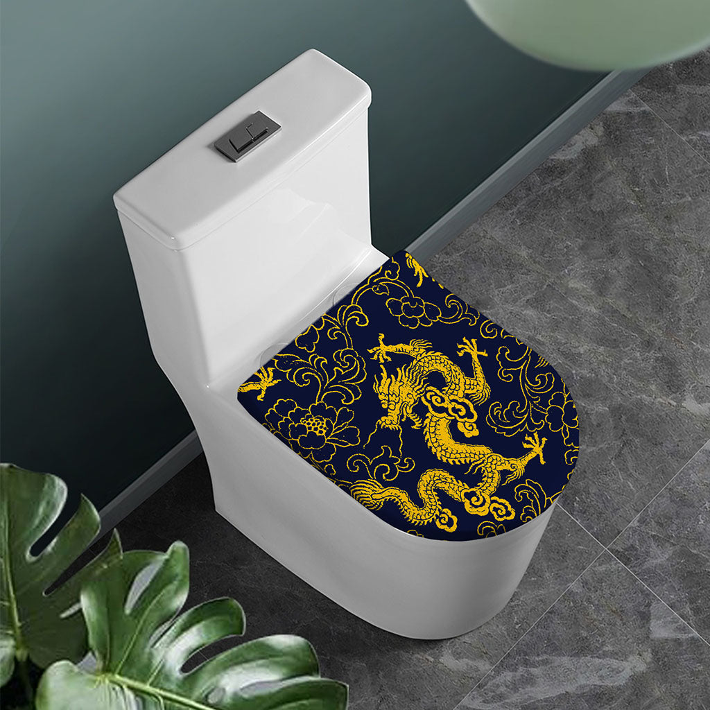 Gold Japanese Dragon Pattern Print Toilet Lid Cover